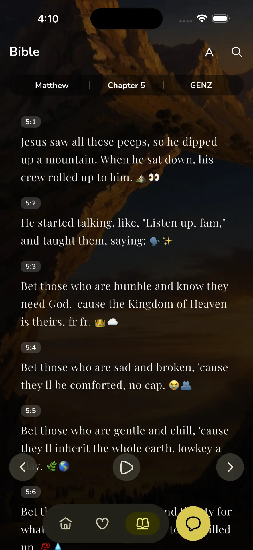 Baeble Bible reader showing Matthew 5 in Gen Z mode (a paraphrase)