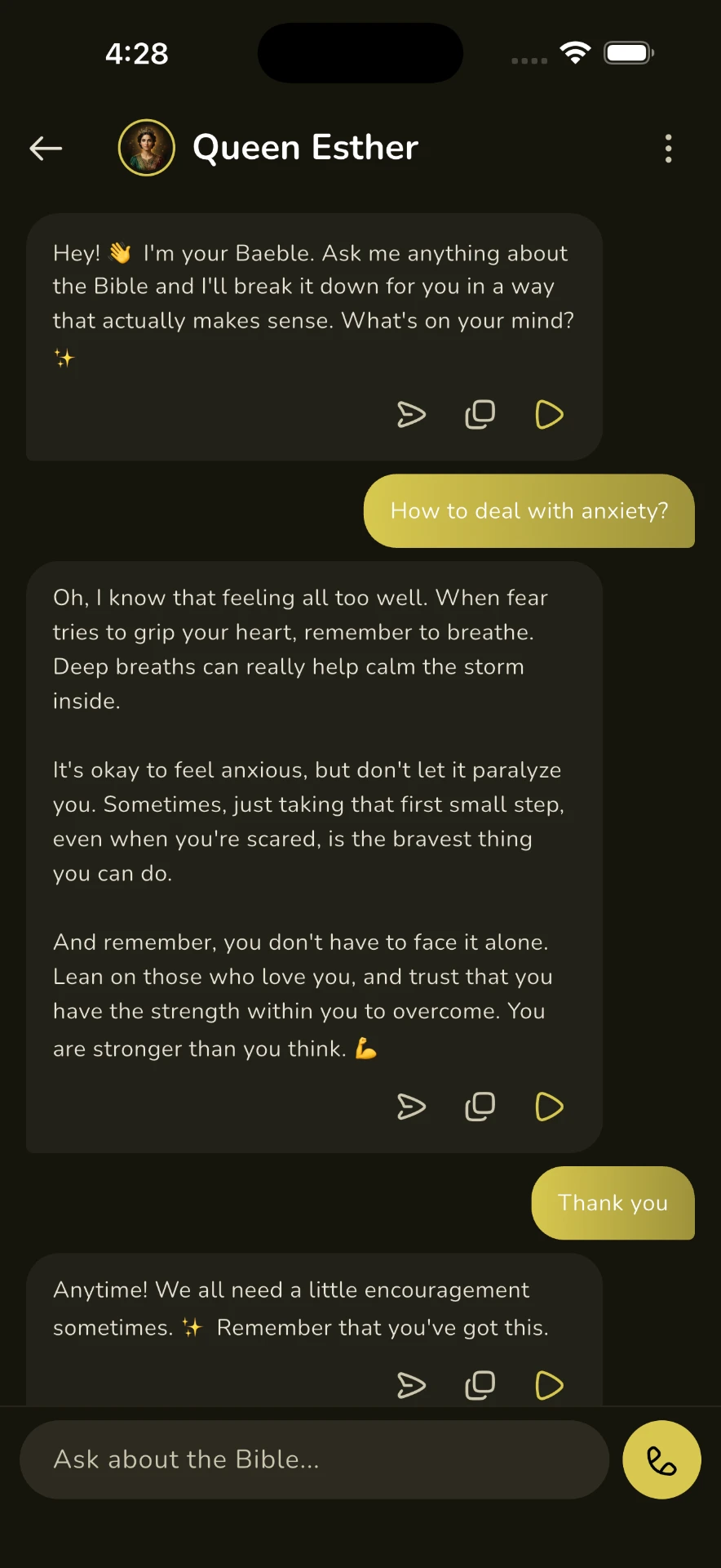 Chatting with Queen Esther in the Baeble app