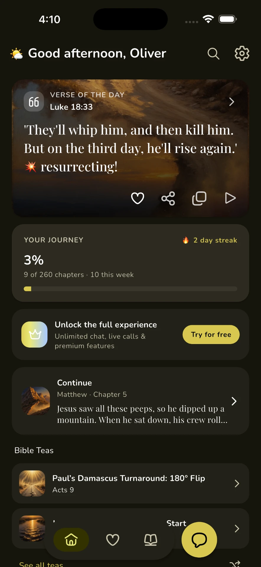 Baeble app home screen with verse of the day and reading streak