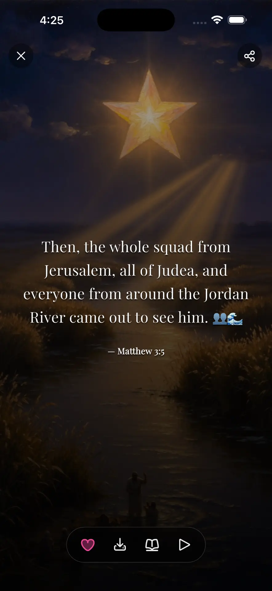Bible Scroll story screen with Matthew 3:5 over a scenic background